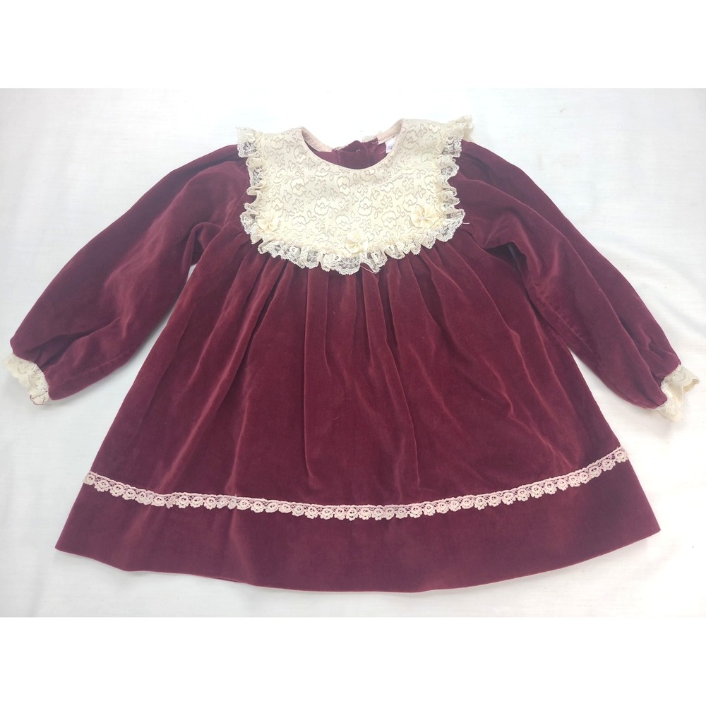 Vtg Alexis Toddler Girl Dress Velvet Burgundy Lace Collar Sz 4 Victorian Holiday